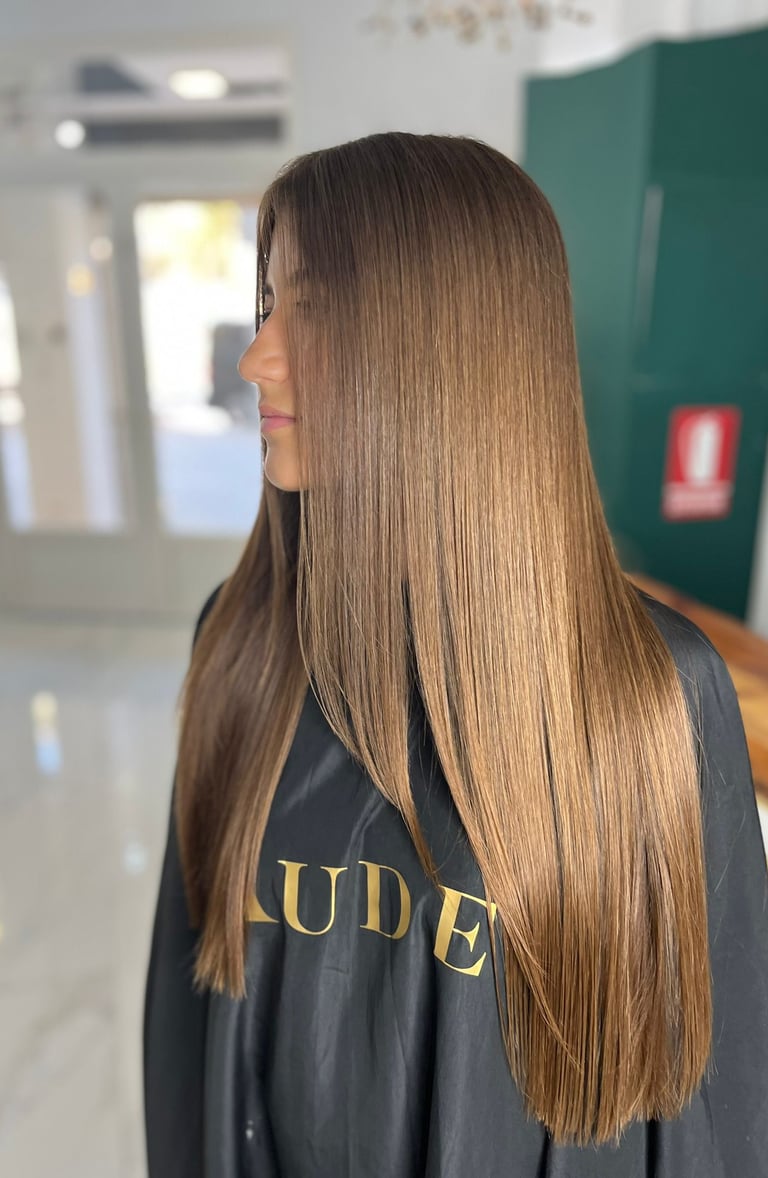 Woman with long, shiny straight brown hair after a professional salon keratin treatment.