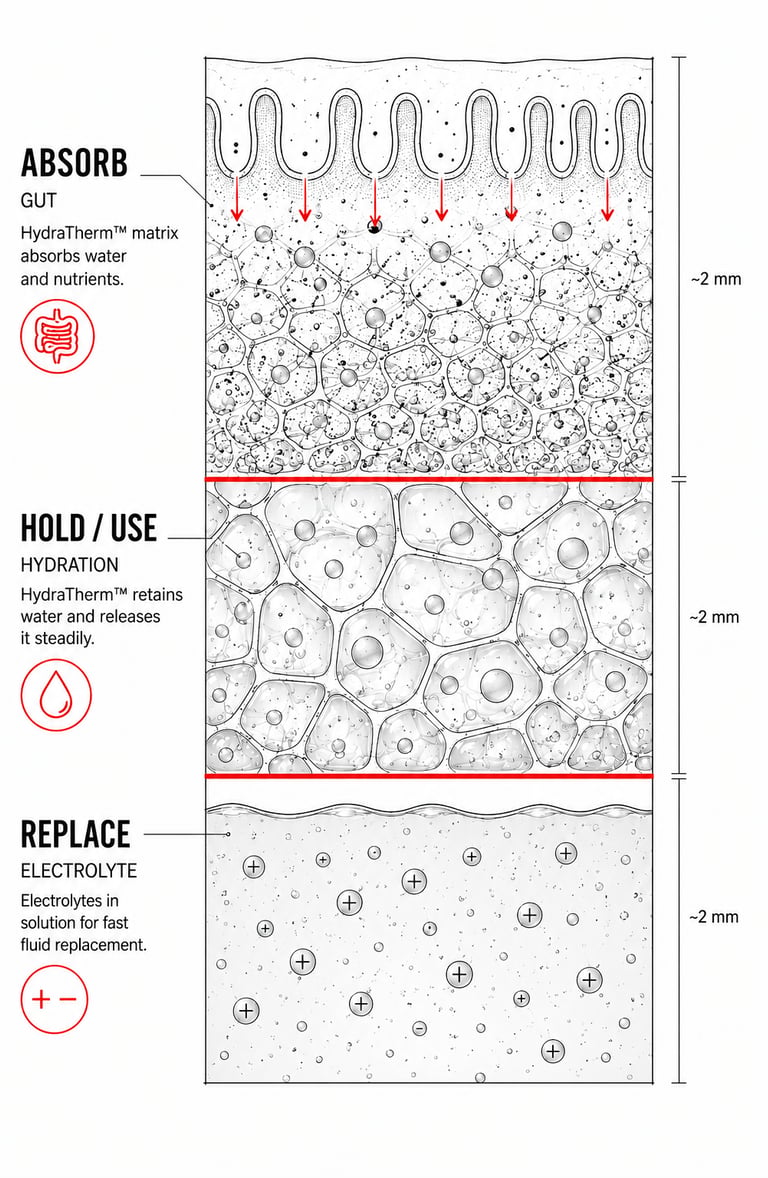 HydraTherm three-layer hydration system showing the electrolyte layer, the hydration layer and the g