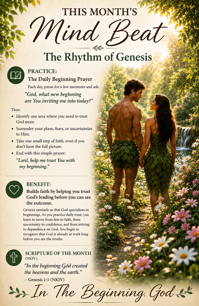 “Poster for This Month’s Mind Beat: The Rhythm of Genesis with a garden scene and scripture”