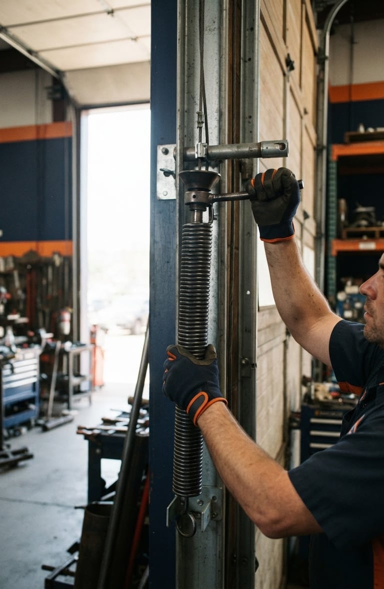 Close-up of a technician's hands replacing a heavy-duty torsion spring in a garage, bright natural daylight, sharp focus, industrial navy and orange tones.