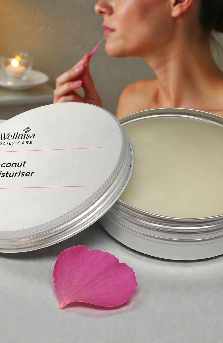 Wellniz natural lip care: applying small amount of Coconut Rose Moisturizer to lips, close-up finger