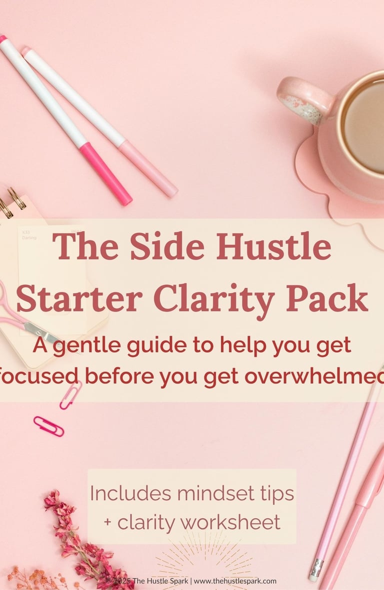 Cover image of the Side Hustle Starter Clarity Pack – a free 3-page guide to help beginners choose the right side hustle