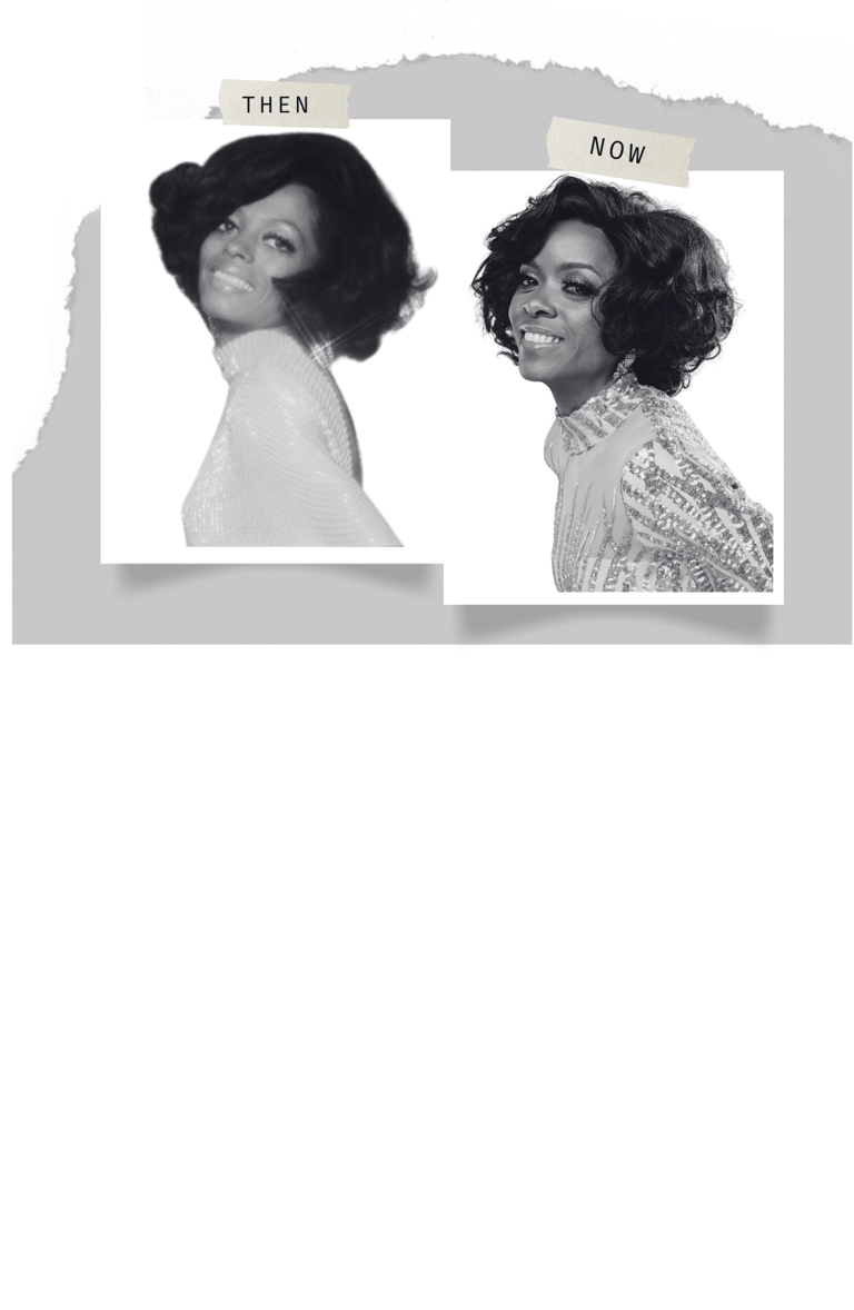 a woman with a black and white photo of two women and below is a woman in red dress with a man.