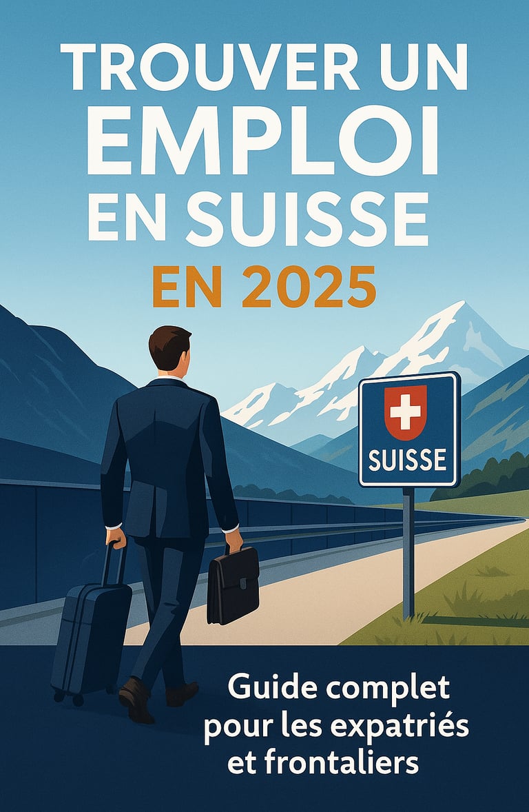 “Trouver un emploi en Suisse en 2025” — illustration d’un expatrié en costume traverse la frontière 