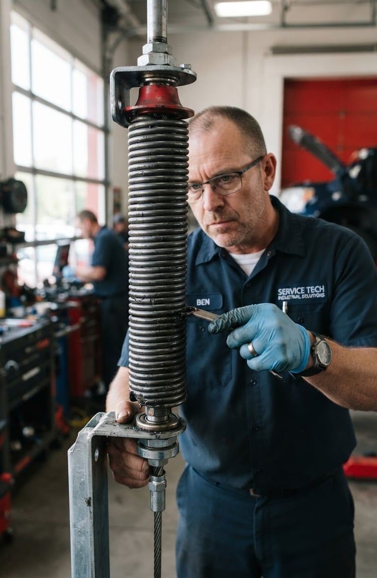 Professional technician in a clean uniform inspecting a heavy-duty steel torsion spring inside a well-lit garage, close-up, sharp focus, natural daylight.