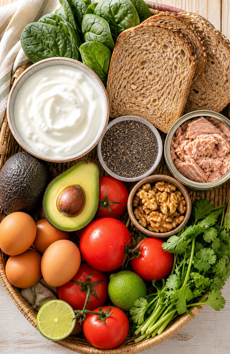 Cesta con alimentos saludables bajos en carbohidratos: aguacate, huevos, yogur, atún, semillas y ver