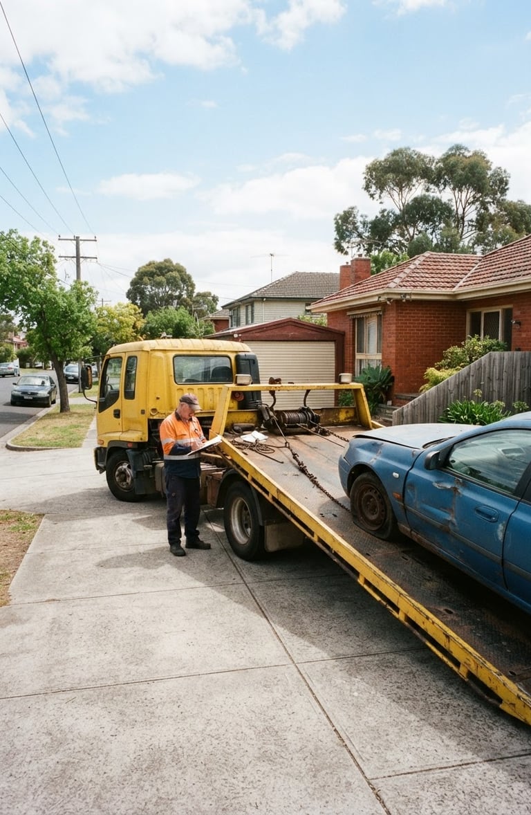 Authentic Cash4Cars tow truck picking up an old, slightly damaged car from a suburban Melbourne driveway in bright daylight, driver handling paperwork, wide environmental shot, low horizon