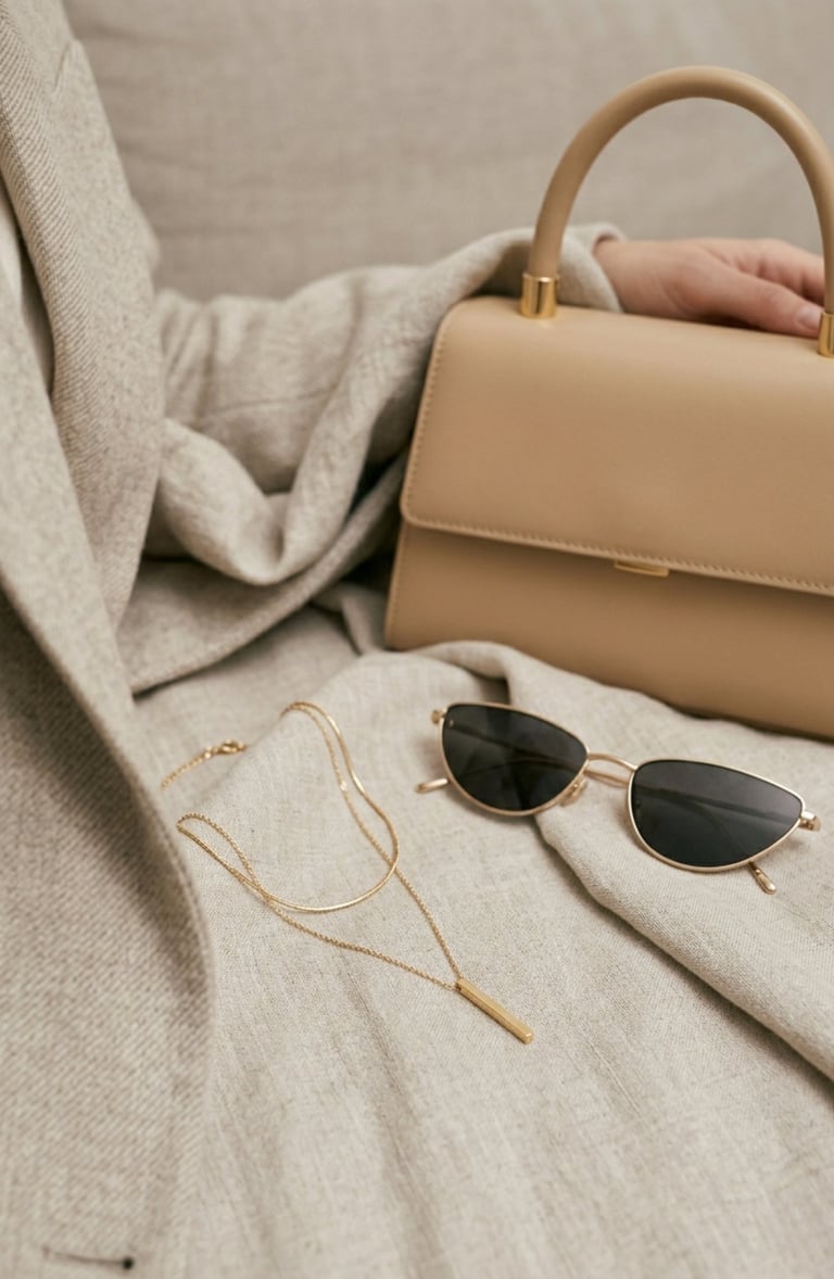 Gold jewelry, neutral handbag, and minimalist accessories styled with quiet luxury fashion aesthetic