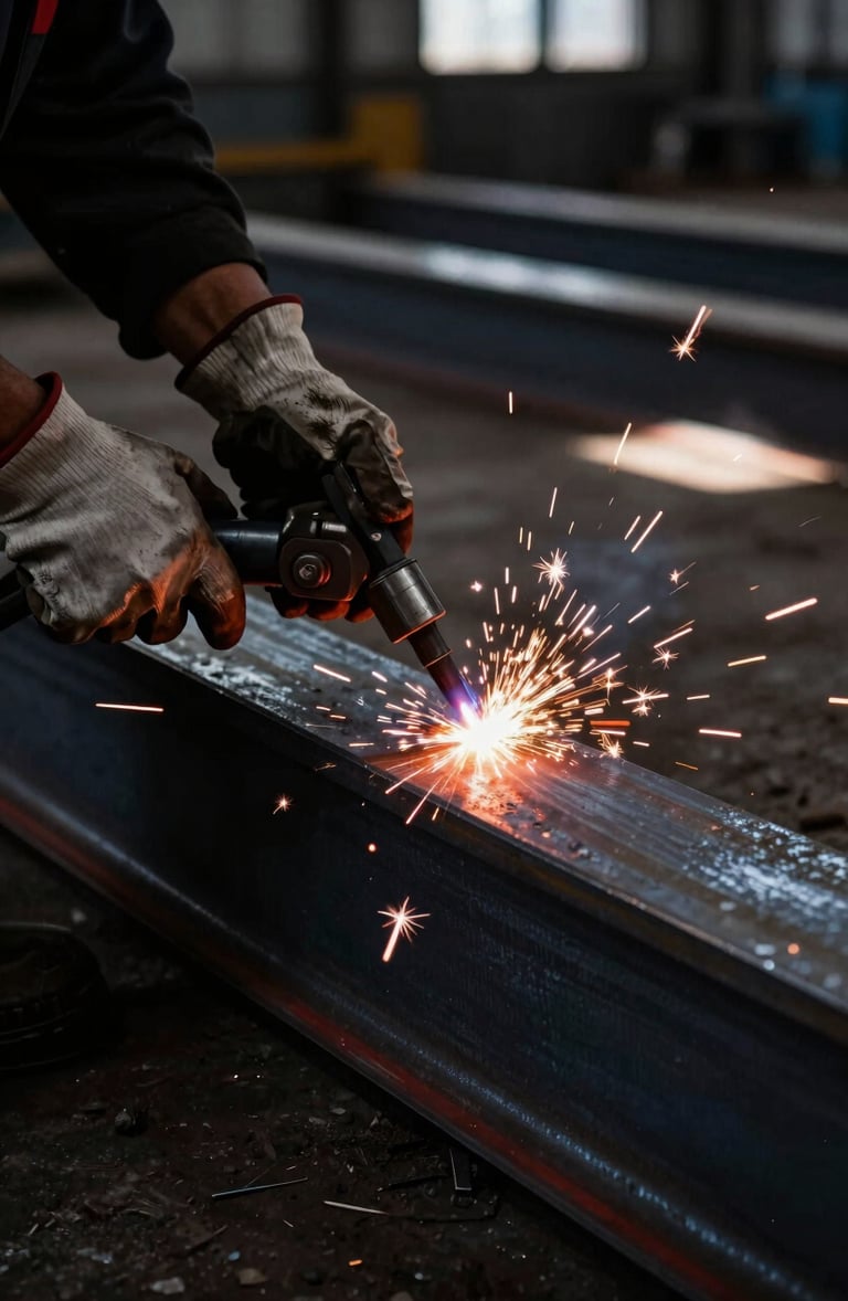 Extreme close-up of a worker's gloved hands operating a plasma cutter on a heavy-gauge steel beam, sparks flying, harsh industrial warehouse lighting, deep shadows, high contrast black and red tones, 35mm lens.