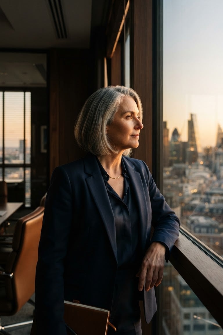 An editorial portrait of a senior B2B consultant looking thoughtfully out a high-rise office window, warm gold light, deep navy shadows, 35mm lens.
