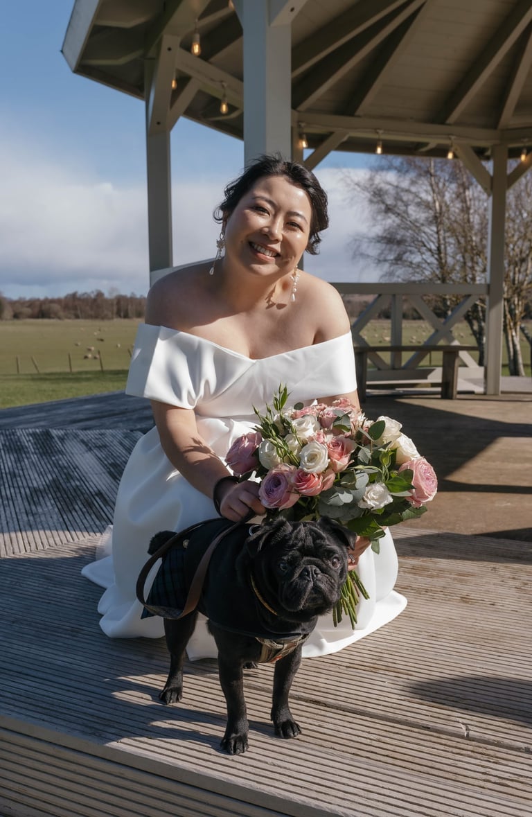 Smiling bride in a white wedding dress holding a rose bouquet next to her black pug dog.