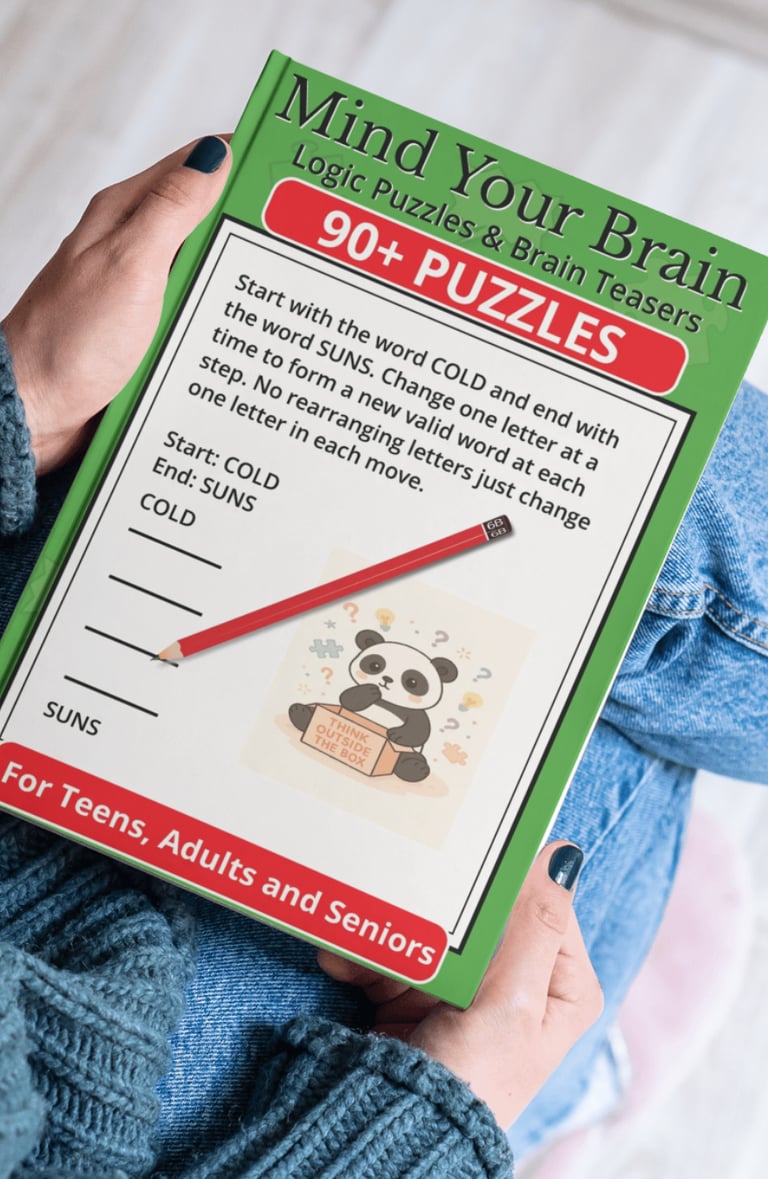 Mind Your Brain logic puzzle book for adults featuring a word ladder brain teaser and a red pencil.