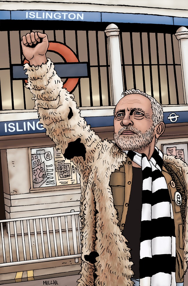 drawing of Jeremy Corbyn wearing a coat and scarf in front of UK subway.
