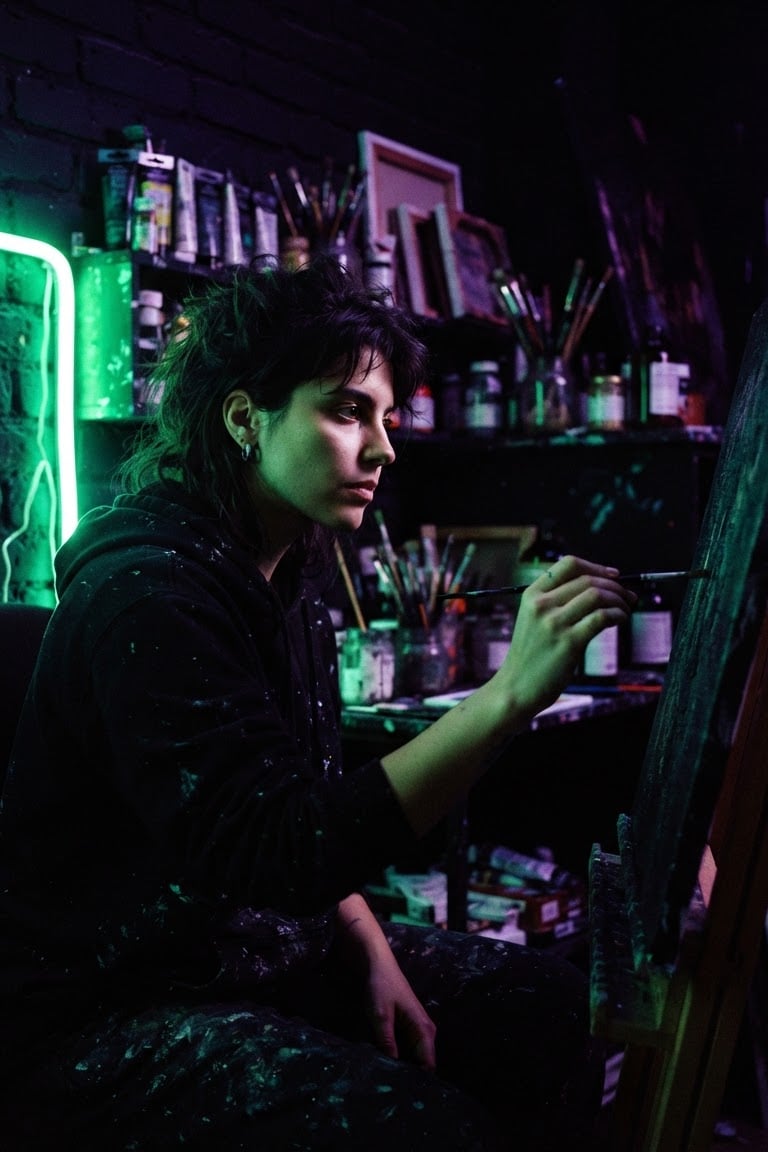 Portrait of the artist Isadora in her dark studio, half-lit by vibrant neon green light, holding a paintbrush, dramatic low-key lighting, 35mm art photography.