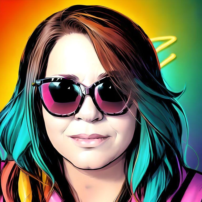 Vibrant pop art illustration of a woman with teal hair streaks wearing oversized sunglasses against a rainbow background.