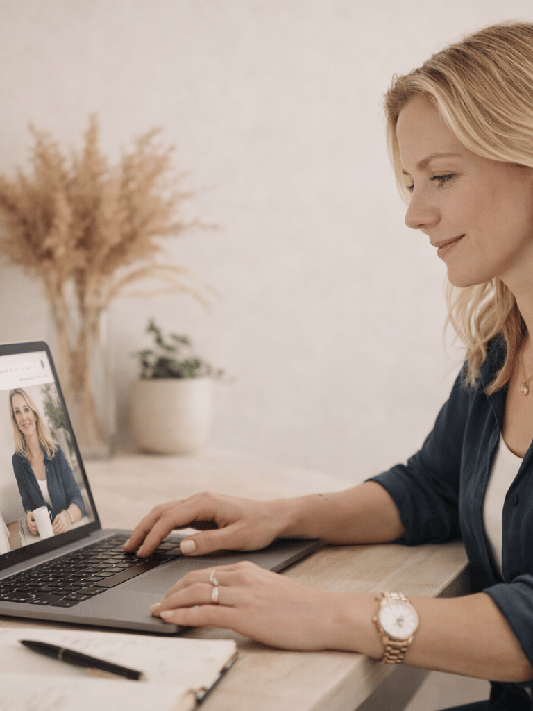 Founder of Flo Ellis Studio working at laptop designing structured website for clients