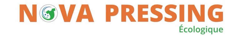 Nova Pressing Écologique logo featuring orange text and a green shirt icon for eco-friendly dry cleaning services.