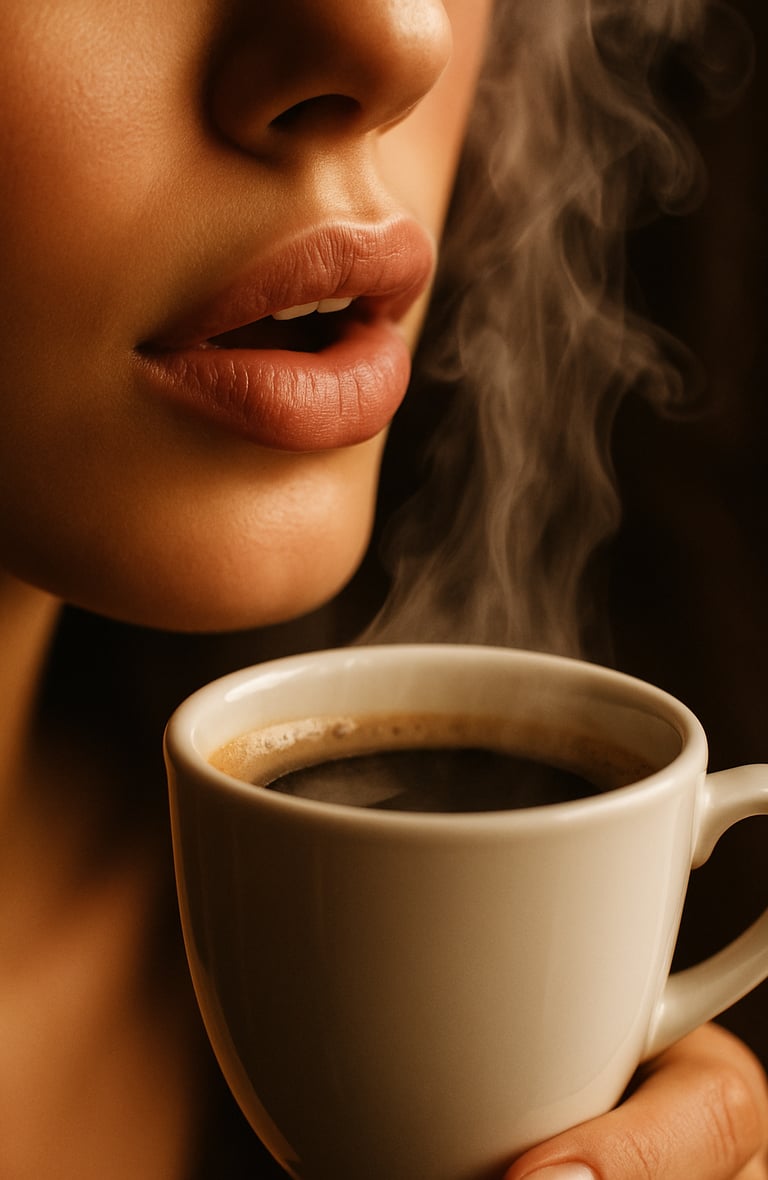 Lèvres de femme et tasse de café qui fume - Journée mondiale du café.