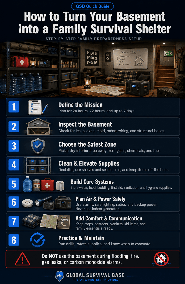 Infographic showing eight steps to turn a basement into a family survival shelter with emergency supplies and preparedness