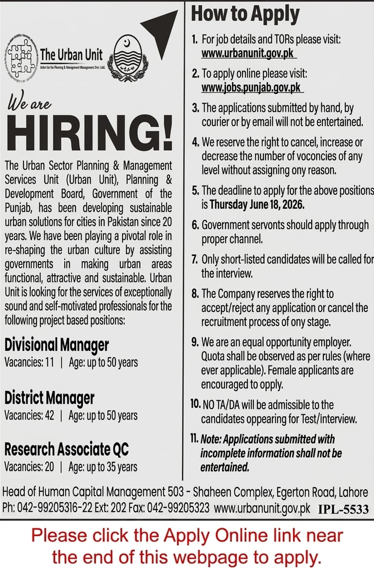 The Urban Unit Punjab Jobs 2026 Advertisement
