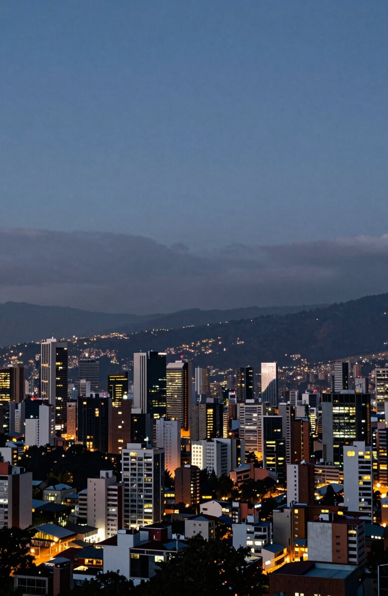 Wide panoramic view of Bogotá skyline at dusk from an elevated surveillance vantage point, city lights beginning to emerge in the valley below, dark blue-grey sky dominating the upper two-thirds, no people visible