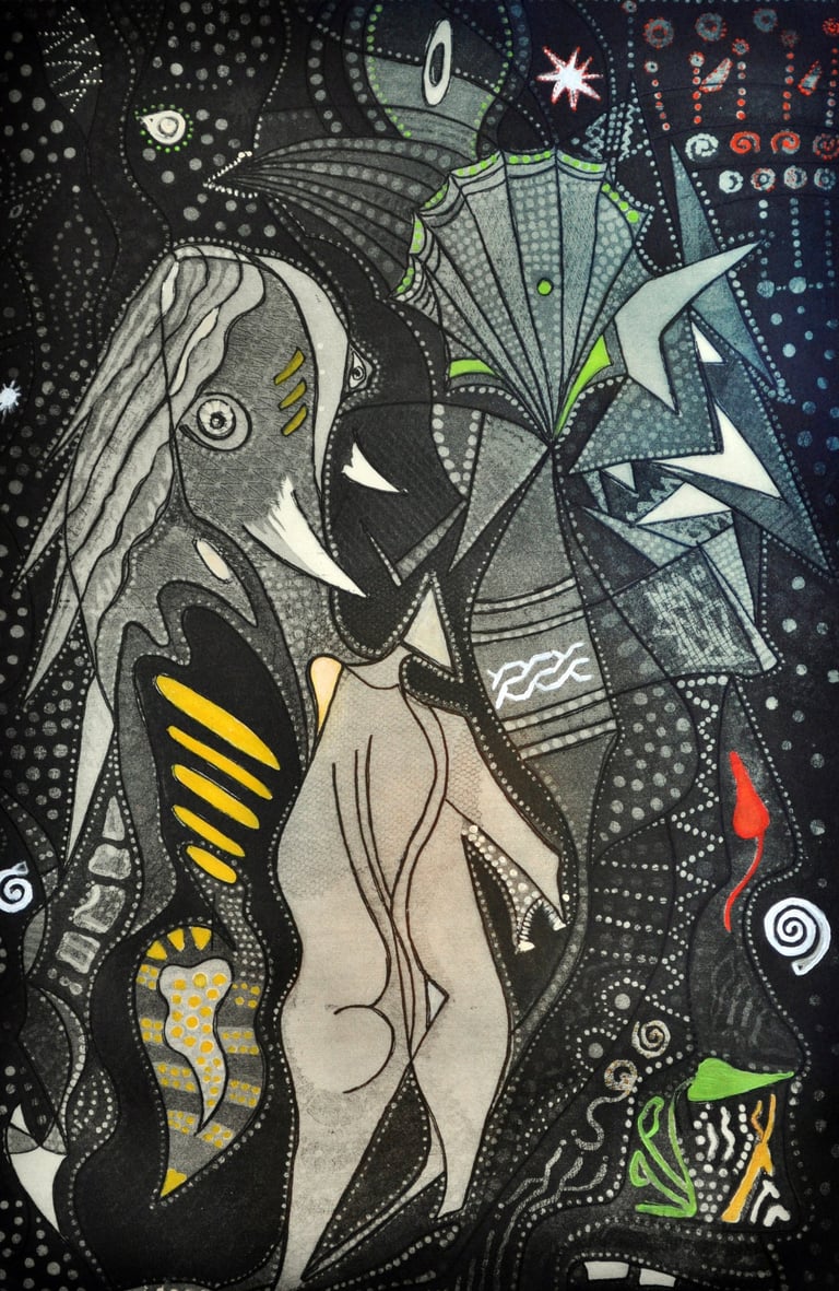 Not Alone, an etched print with watercolour