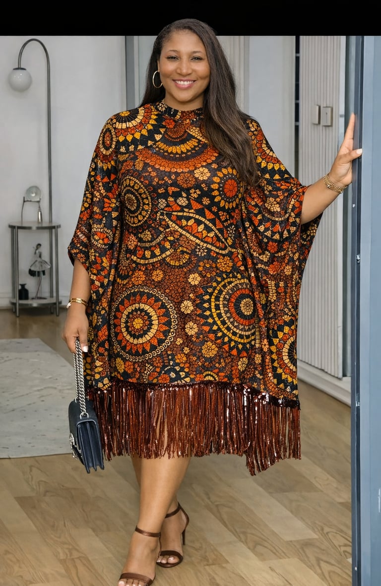 Front view of Ankara Kaftan Gown with Fringe Hem
