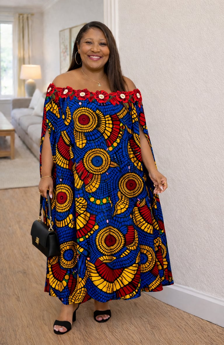 Front view of Ankara Off-Shoulder Cape Dress
