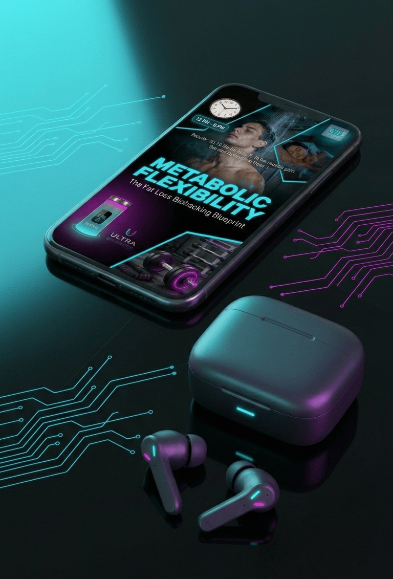 Smartphone displaying a metabolic flexibility biohacking app next to wireless earbuds and circuit patterns.