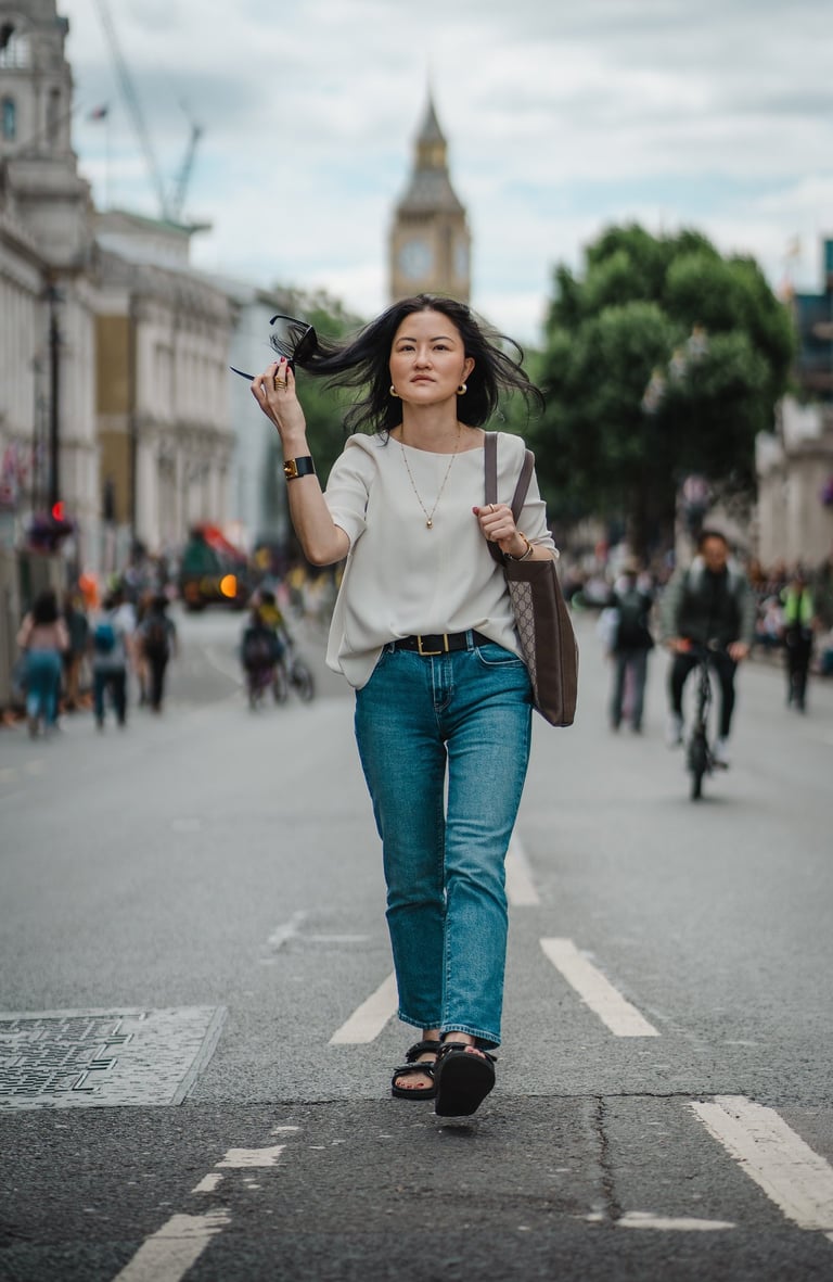 mulher caminhando por rua movimentada de Londres com o Big Ben ao fundo durante passeio urbano