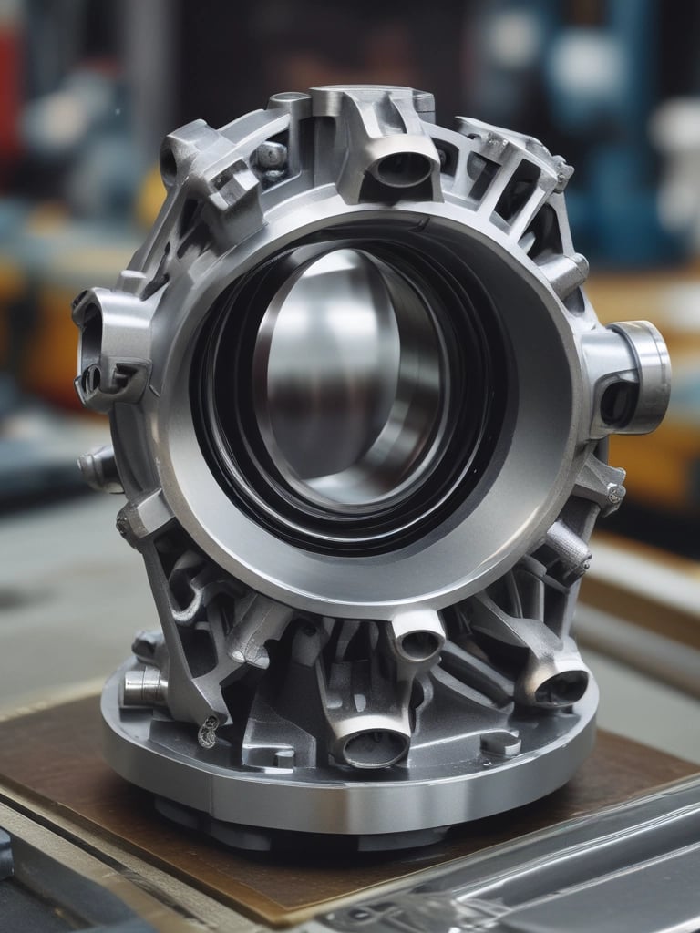 Close-up of a mechanical component with circular grooves and a row of metallic rivets. The image displays intricate details and textures, emphasizing the precision in engineering. Warm lighting highlights the metallic tones, adding depth and contrast to the scene.