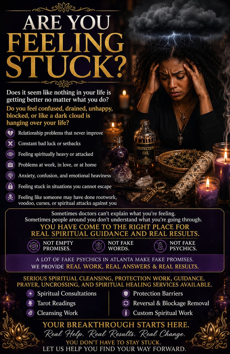 Distressed woman seeking spiritual cleansing and healing services for emotional blockage and bad luck.