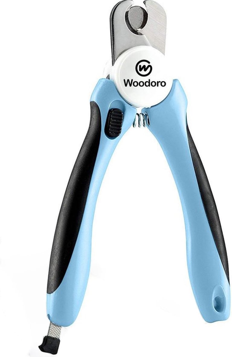 Blauw met zwarte Woodoro nagelknipper voor huisdieren voorzien van een veiligheidsstop en roestvrijs