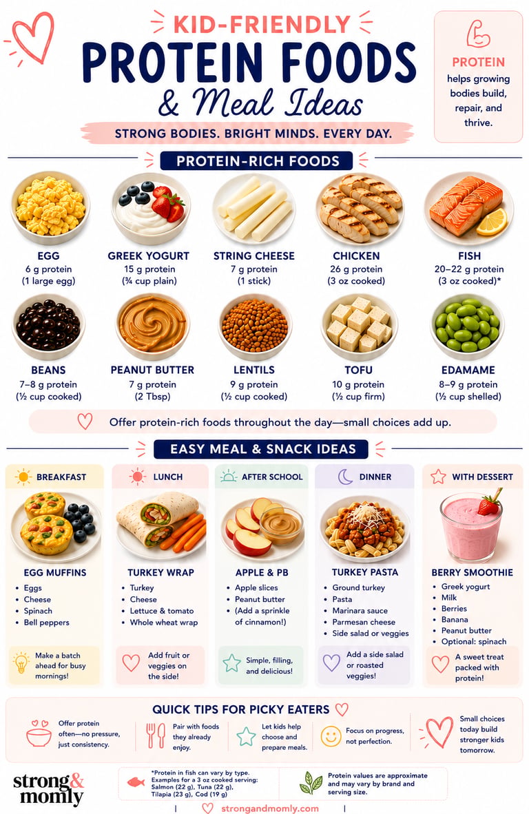 Kid-friendly protein foods and meal ideas infographic