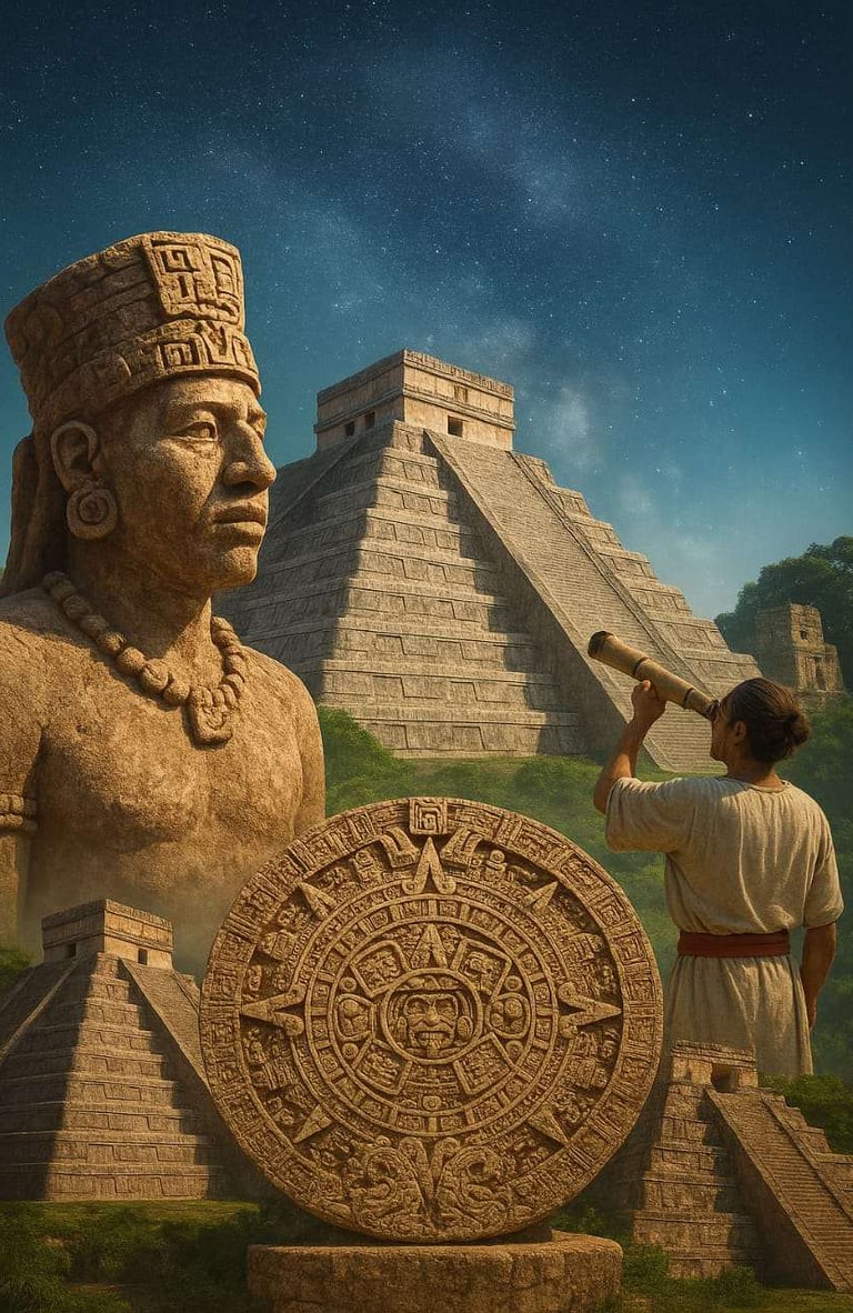 Ancient Mayan pyramid, calendar stone, and astronomy scene at night
