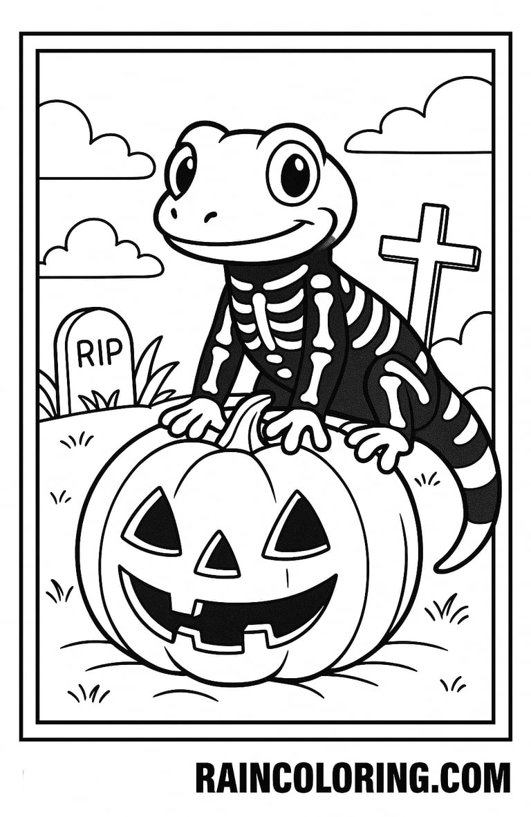 Gecko in skeletal costume on pumpkin