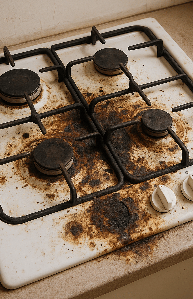 Damaged gas cooktop with burnt stains, rust, and worn burner grates