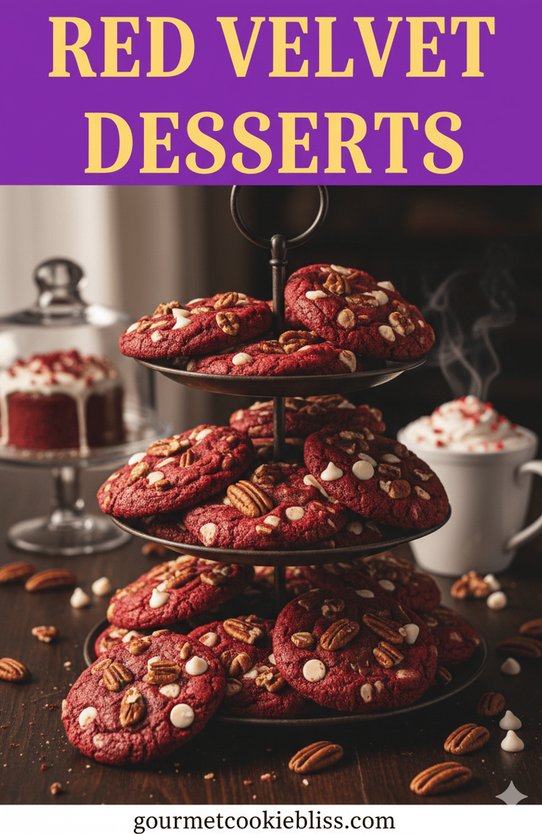 A beautiful tiered display filled with thin, soft red velvet cookies bursting with white chips pecan