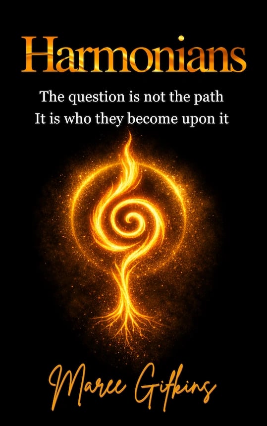 Harmonians book cover with a glowing golden spiral flame
