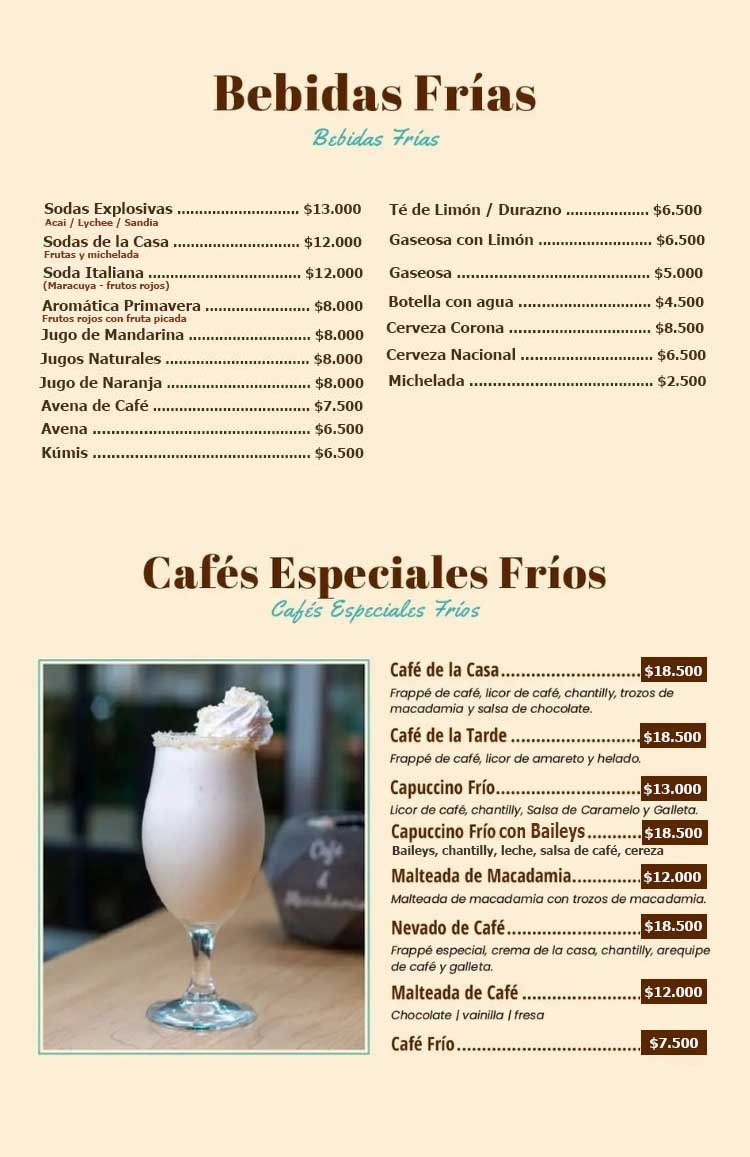 Bebidas Frias Menu Café y Macadamia Armenia Quindío