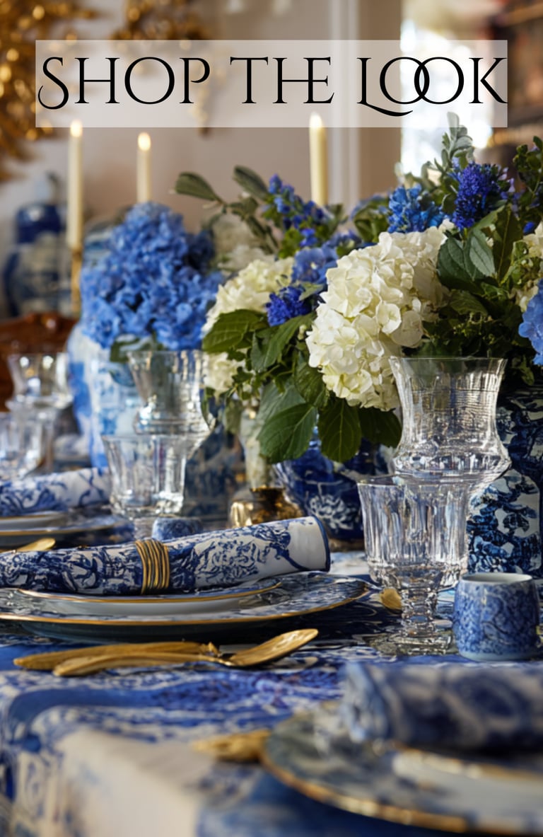a table setting with blue and white plates and blue and white plates