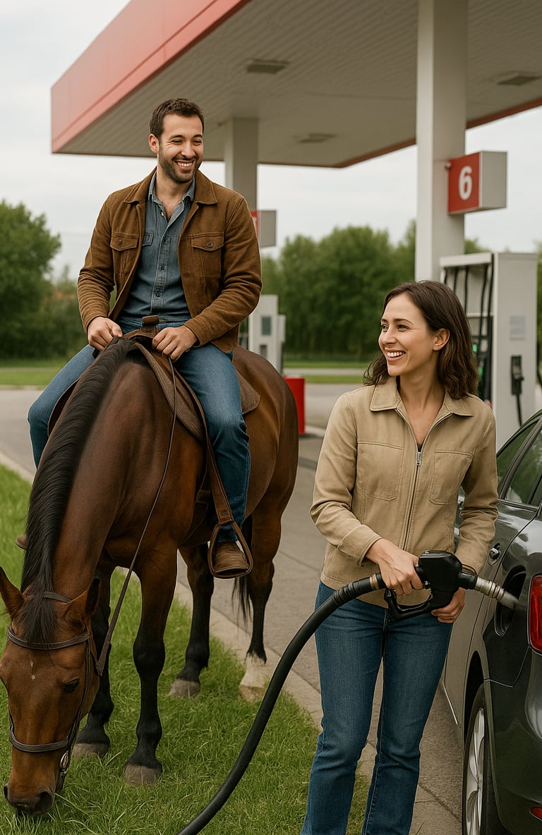 "On fait le plein !" ( Cheval et voiture ) - Illustration journée mondiale de l'énergie