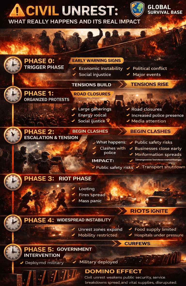 Infographic detailing six phases of civil unrest from early warning signs to government military intervention.