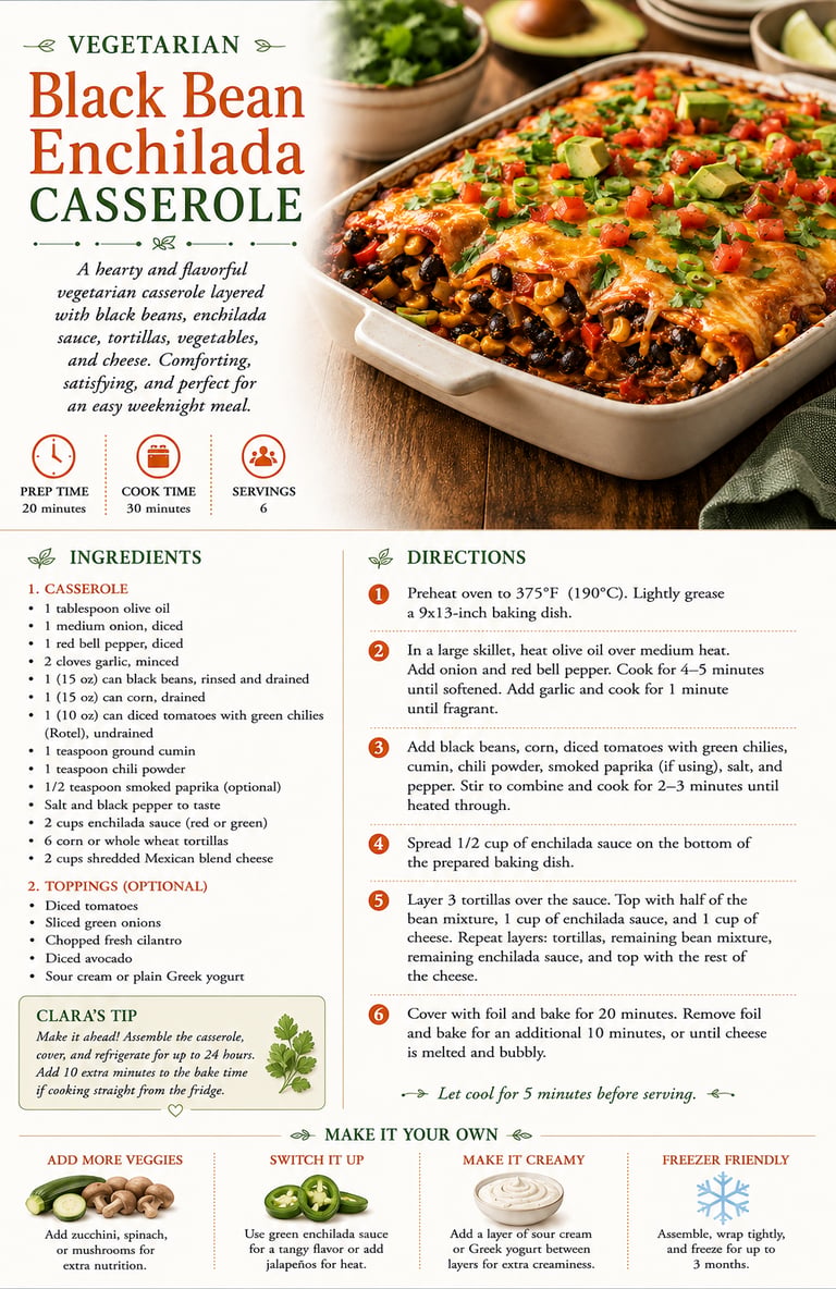 A recipe card for a vegetarian black bean enchilada casserole with ingredients and cooking instructions.