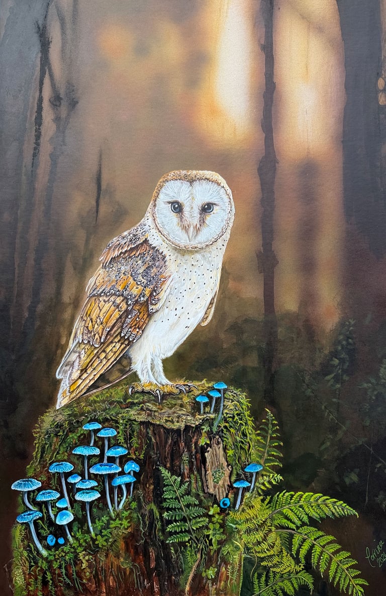 A barn owl sits on a stump where clusters of blue Mycena interrupta grow.