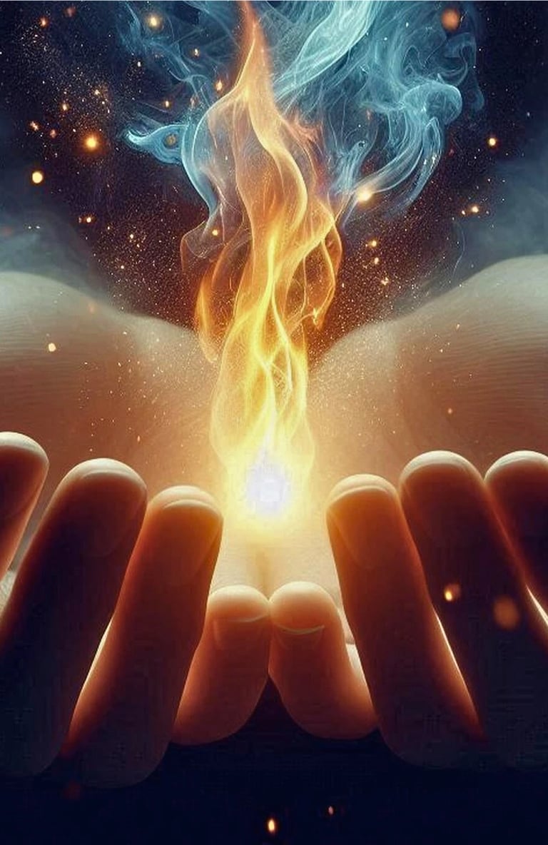 Témoignage de Marie - Deux mains en coupe qui recueillent une flamme orange.