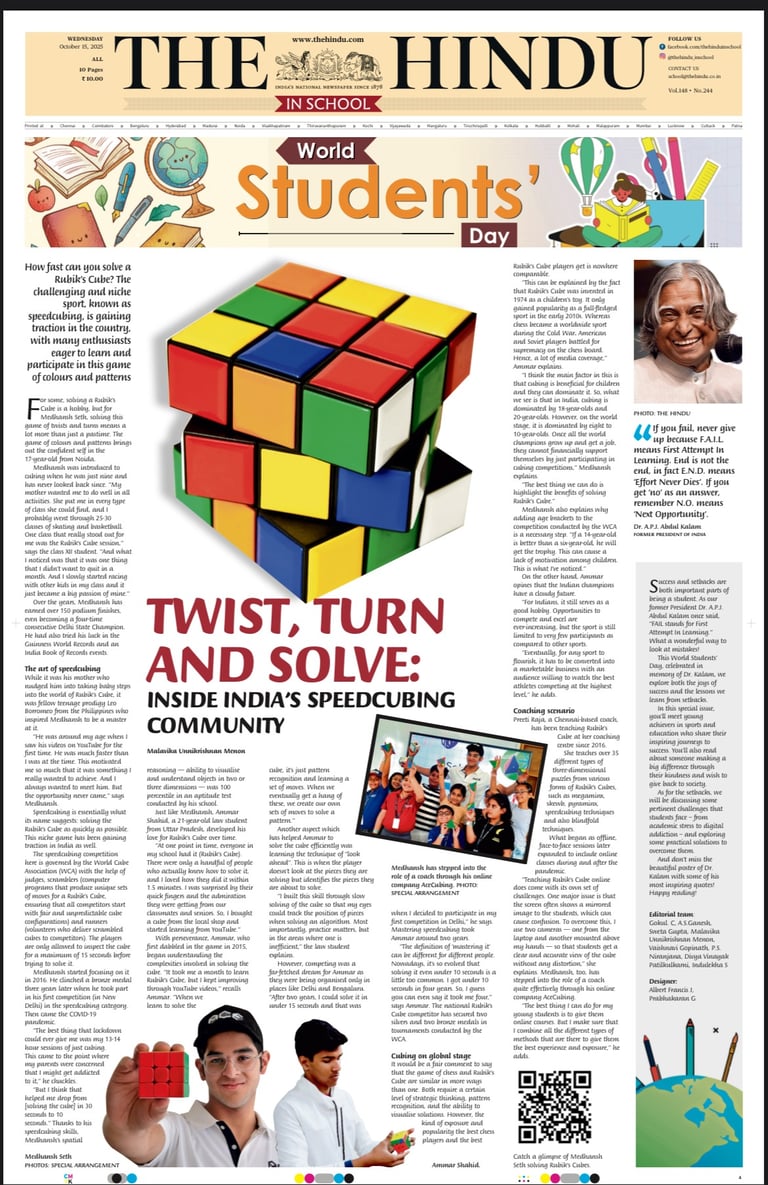 Medhansh seth on the front page of The Hindu NEwspaper