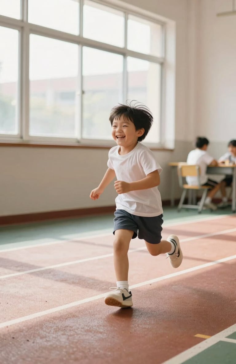 Warm editorial photography of a child laughing while running on an indoor school track, natural gym window light, bright authentic colors, shallow depth of field, 35mm