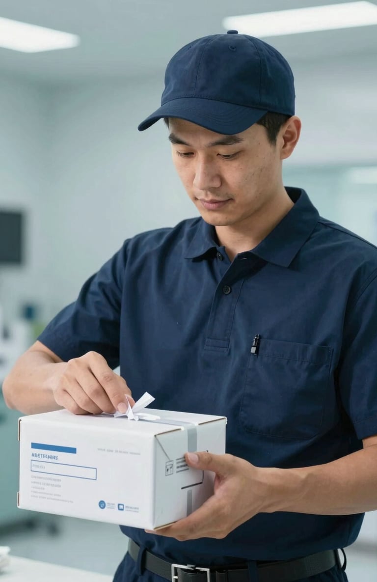 A close-up of a professional courier in a navy uniform securely sealing a medical transport container. Clean, professional lighting, modern medical facility background with shades of #3B6B7C and #F5F8FA.