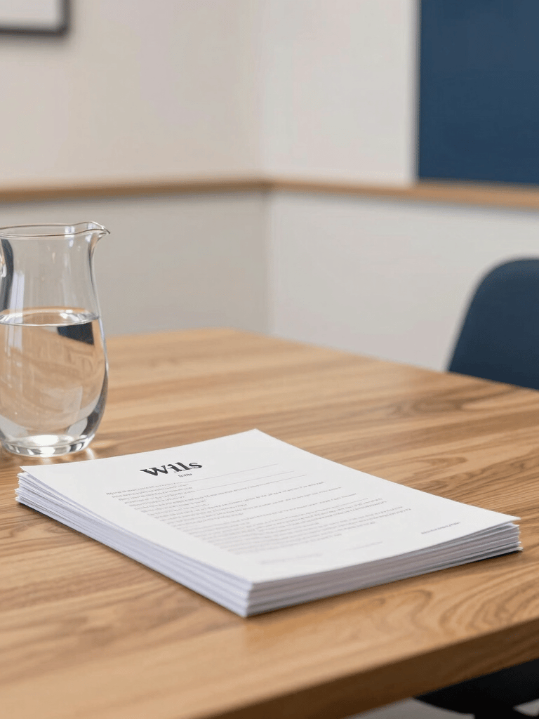 Photography of a warm and inviting legal consultation room in a modern British office. A high-quality wooden table is prepared with a pitcher of water and a stack of Wills and Trust documents. The setting is bright and professional, featuring off-white and deep navy blue tones in the decor.